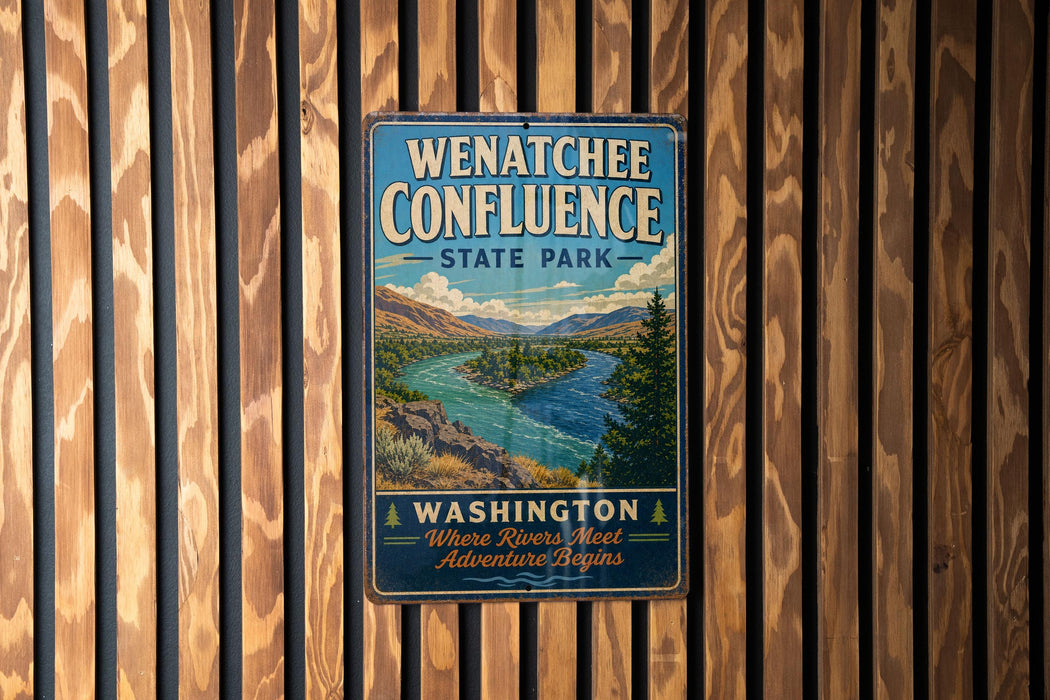 A vintage-style metal sign for Wenatchee Confluence State Park, featuring a scenic illustration of a river and mountains.
