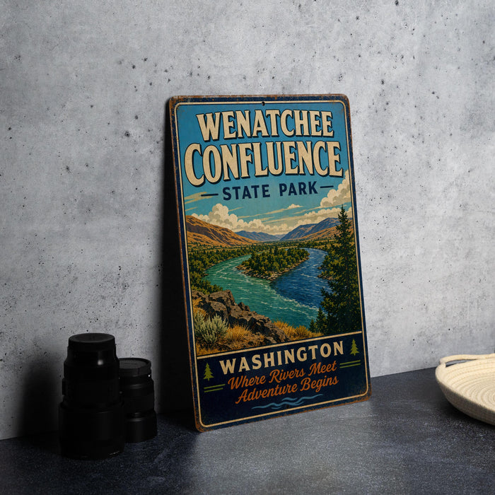 A vintage-style sign for Wenatchee Confluence State Park, featuring a scenic landscape with a river and mountains.