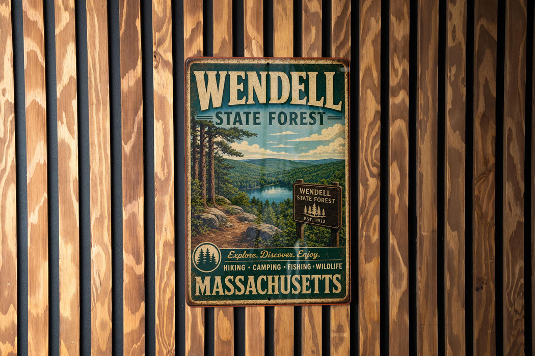 A vintage metal sign for Wendell State Forest in Massachusetts, featuring a scenic image of the forest and a lake.