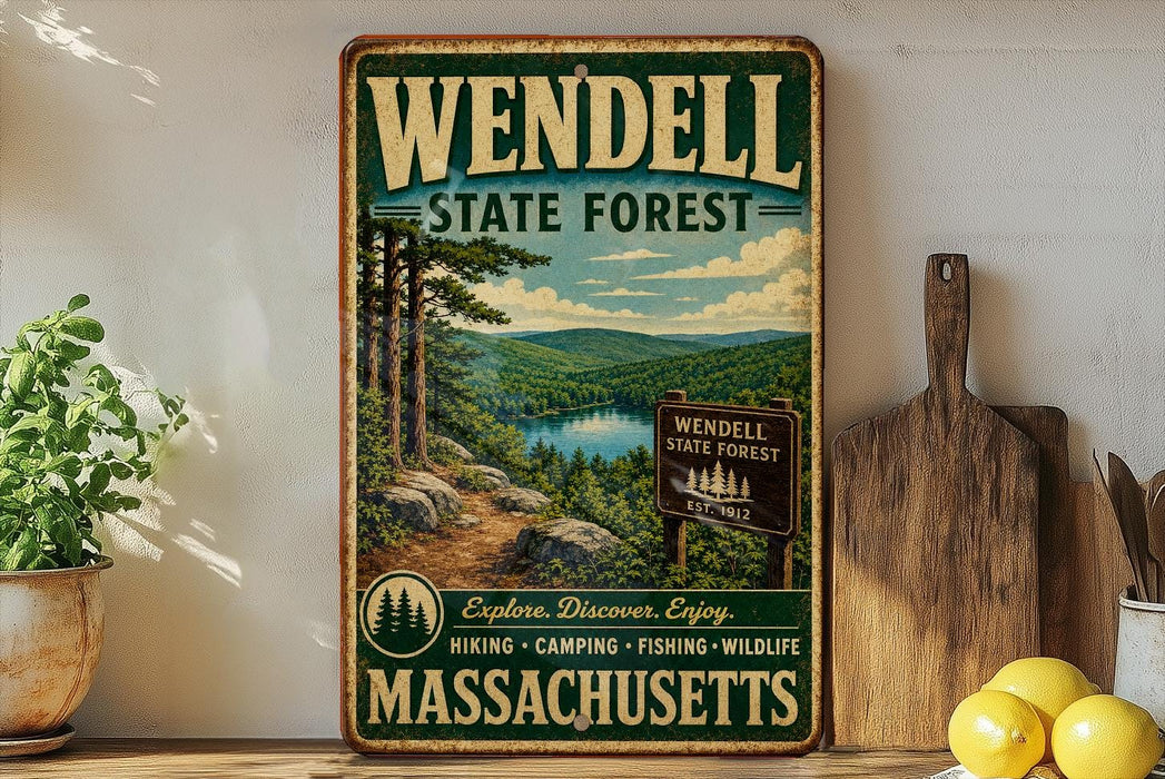 A vintage metal sign for Wendell State Forest in Massachusetts, featuring a scenic landscape with pine trees, a lake, and mountains.