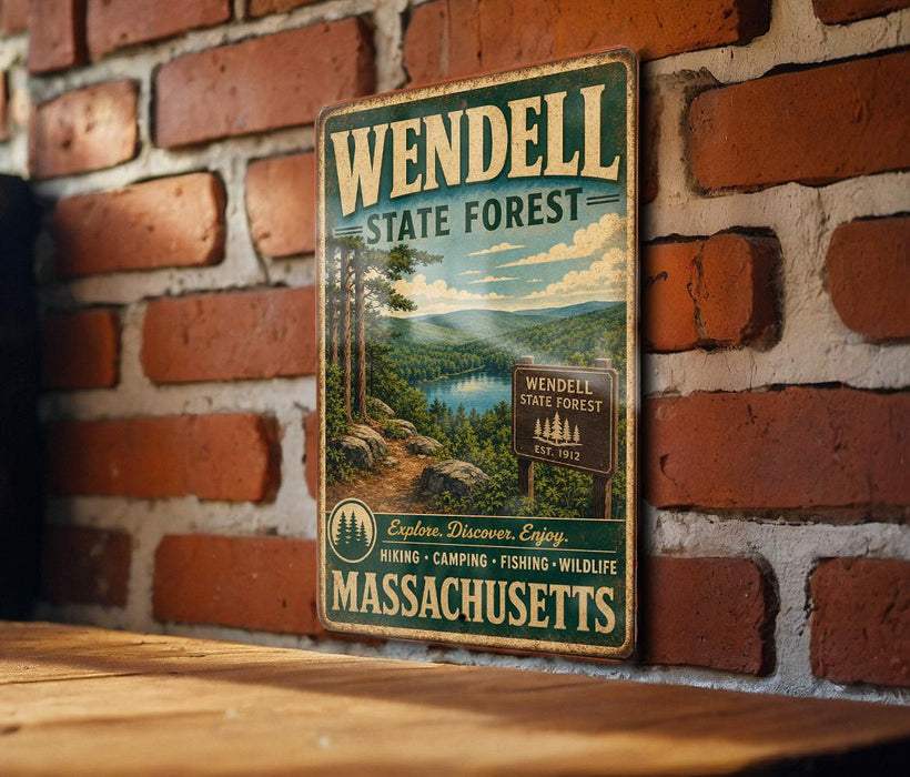 A vintage metal sign for Wendell State Forest in Massachusetts, featuring a scenic landscape with a lake and mountains.