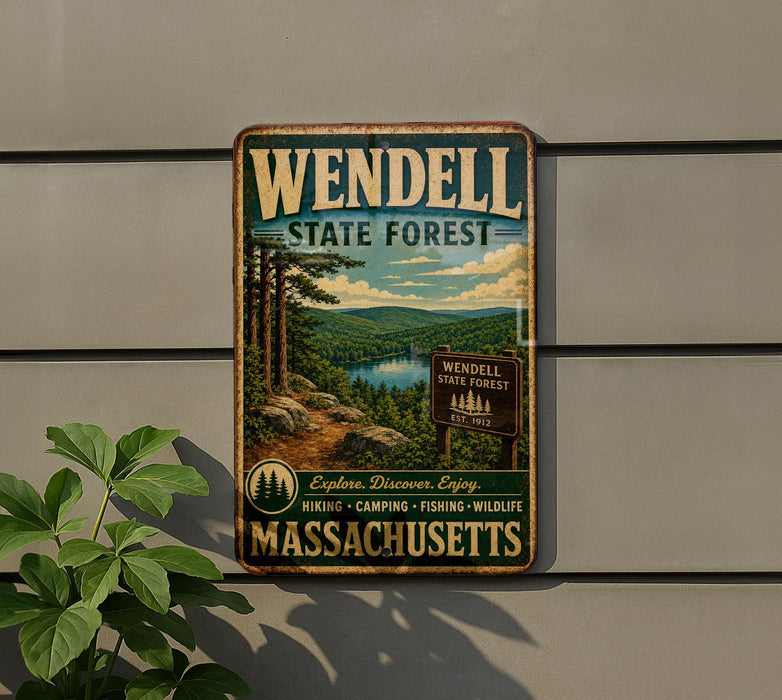 A vintage metal sign for Wendell State Forest in Massachusetts, featuring a scenic landscape with pine trees, a lake, and mountains.