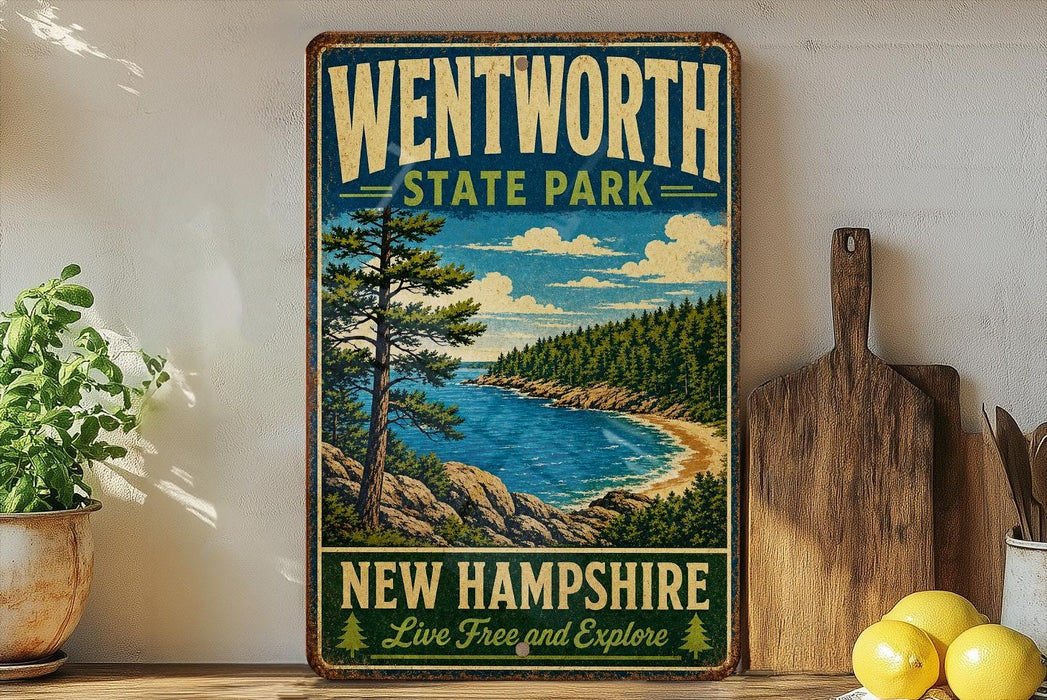 A vintage-style poster advertising Wentworth State Park in New Hampshire, featuring a scenic landscape with a lake, mountains, and pine trees.