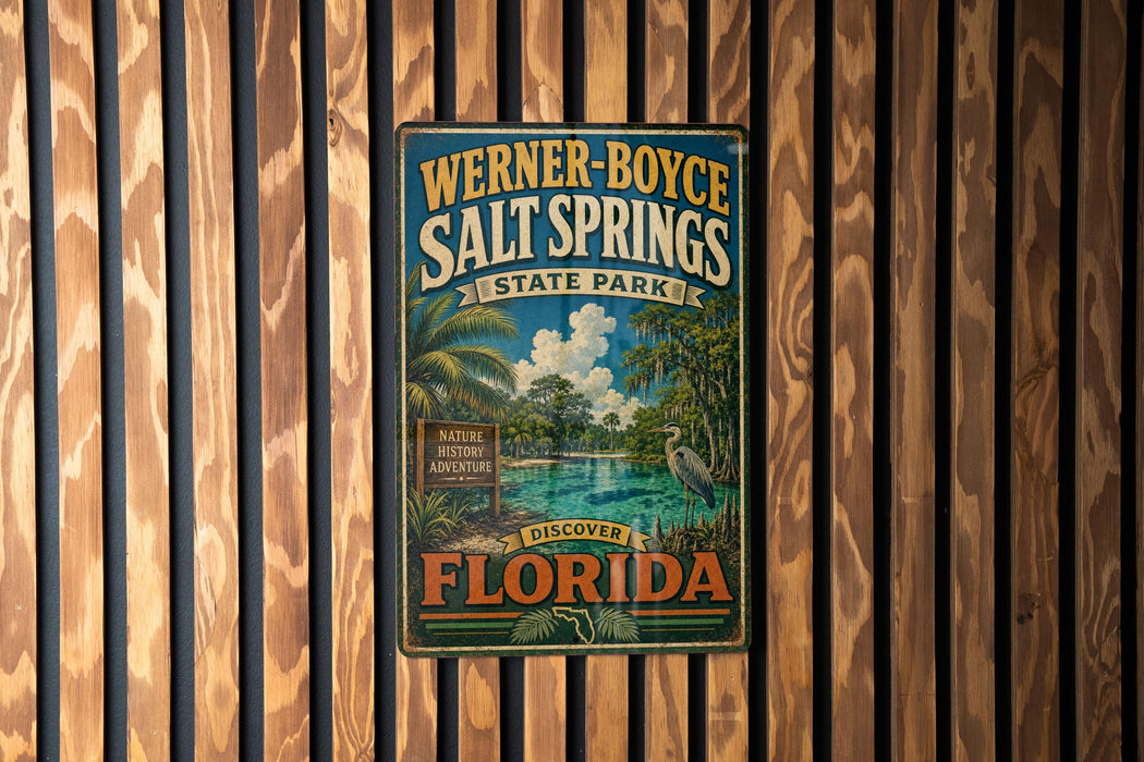 A vintage-style metal sign for Werner-Boyce Salt Springs State Park in Florida, featuring a tropical landscape with palm trees and a bird.