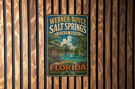 A vintage-style metal sign for Werner-Boyce Salt Springs State Park in Florida, featuring a tropical landscape with palm trees and a bird.