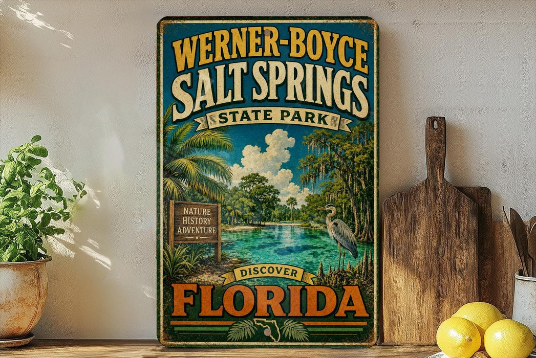 A vintage-style sign for Werner-Boyce Salt Springs State Park in Florida, featuring a tropical landscape with palm trees, a lake, and a bird.