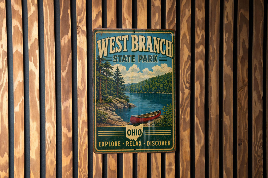 A vintage-style metal sign for West Branch State Park, featuring a scenic image of a lake and forest with a canoe, mounted on a wooden wall.