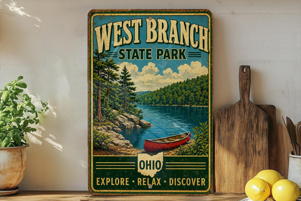 A vintage-style sign for West Branch State Park, featuring a scenic image of a lake and forest, with a red canoe on the shore.