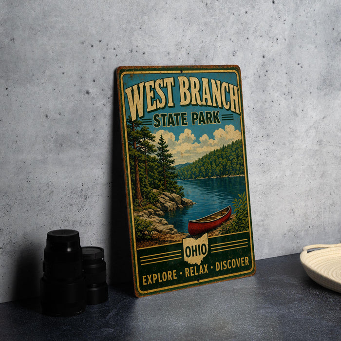 A vintage-style metal sign for West Branch State Park, featuring a scenic illustration of a lake, forest, and canoe, along with the text "West Branch State Park" and "OHIO" indicating the location.