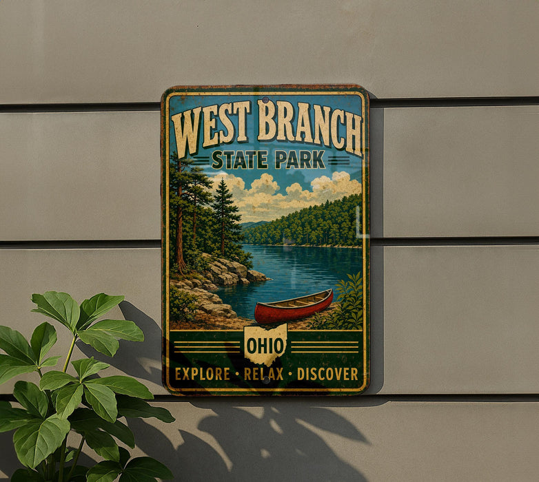 A vintage-style metal sign for West Branch State Park, featuring a scenic landscape with a lake, trees, and a canoe.