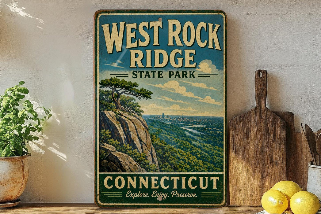 A vintage-style sign for West Rock Ridge State Park in Connecticut, featuring a scenic landscape with a mountain and a river.