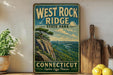 A vintage-style sign for West Rock Ridge State Park in Connecticut, featuring a scenic landscape with a mountain and a river.