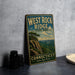 A vintage-style sign for West Rock Ridge State Park in Connecticut, featuring a scenic landscape with a mountain and a river.