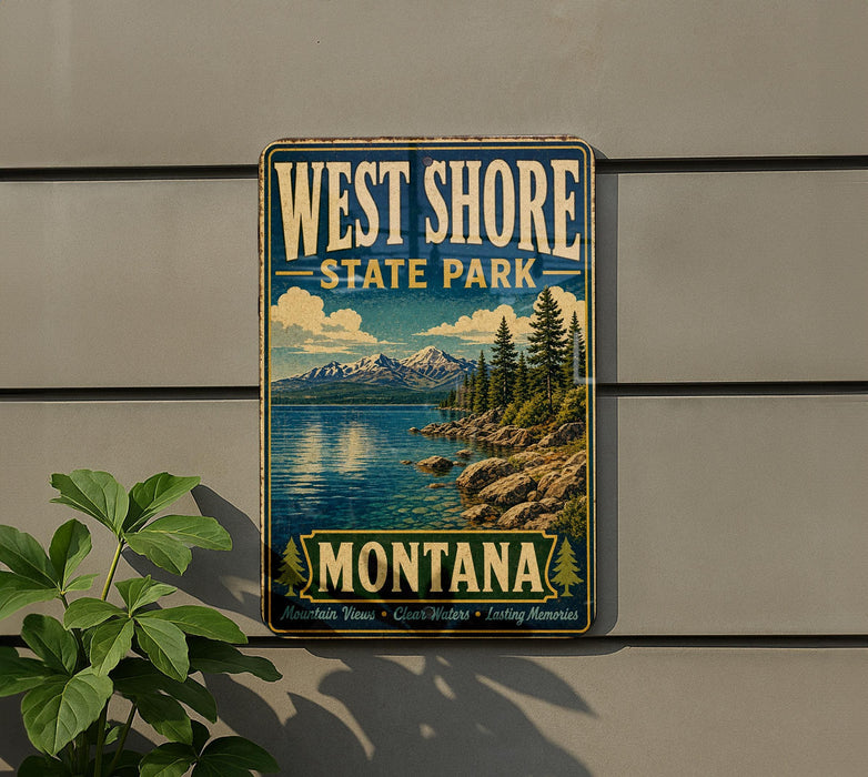 A vintage-style metal sign for West Shore State Park in Montana, featuring a scenic landscape with mountains, pine trees, and a lake.