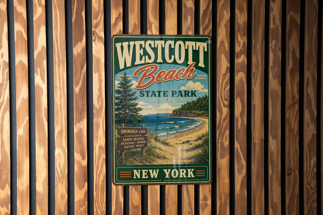 A vintage-style metal sign for Westcott Beach State Park in New York, featuring a scenic landscape with a beach, pine trees, and a lake.
