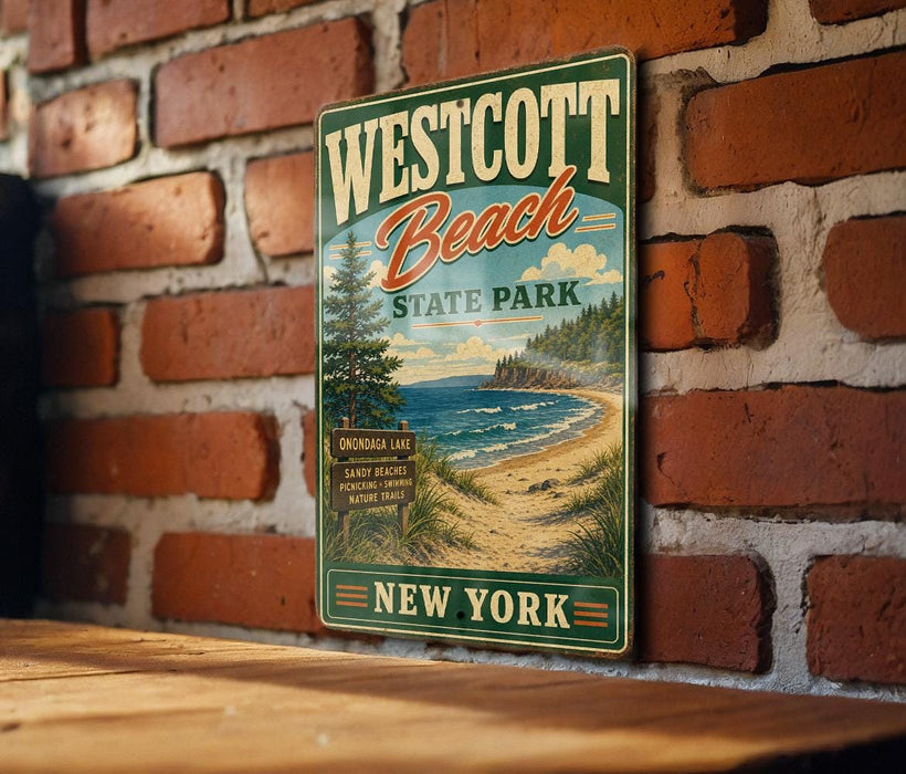 A vintage-style metal sign for Westcott Beach State Park in New York, featuring a scenic beach landscape with a pine tree and a sign indicating the park's location.