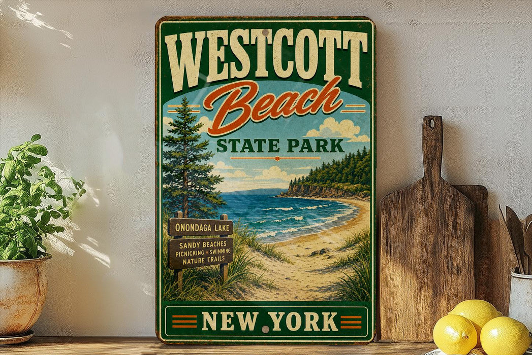 A vintage-style sign for Westcott Beach State Park in New York, featuring a scenic beach landscape with pine trees and a wooden signpost.