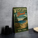 A vintage-style metal sign for Westcott Beach State Park in New York, featuring a scenic landscape with a beach, lake, and forest.