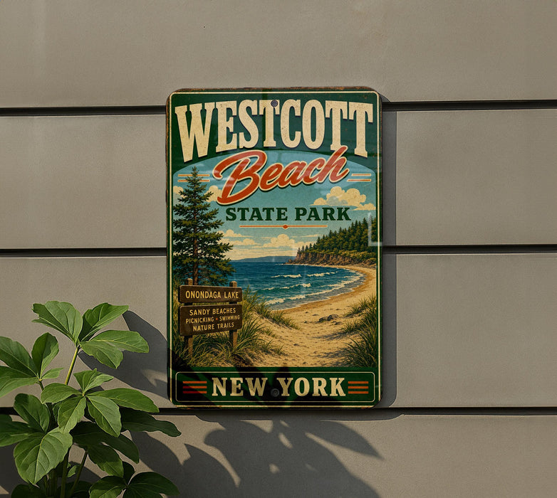 A vintage-style metal sign for Westcott Beach State Park in New York, featuring a scenic beach landscape with a pine tree and a sign indicating the park's location.