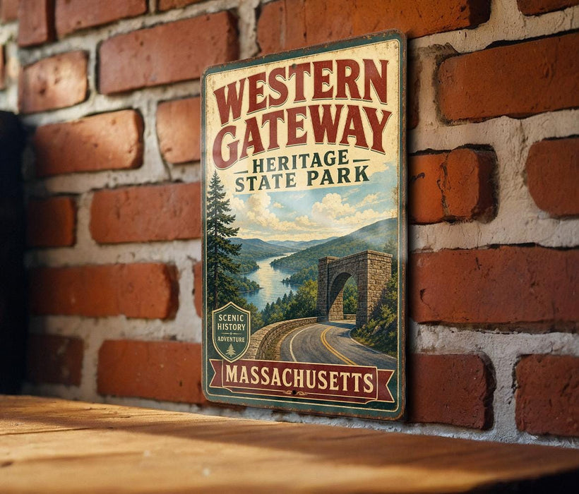 A vintage metal sign for Western Gateway Heritage State Park in Massachusetts, featuring a scenic illustration of a road leading to a bridge over a river.