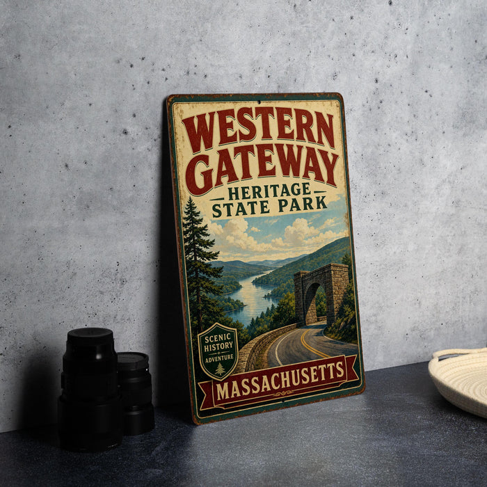 A vintage metal sign for Western Gateway Heritage State Park in Massachusetts, featuring a scenic landscape with a river and mountains.