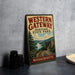 A vintage metal sign for Western Gateway Heritage State Park in Massachusetts, featuring a scenic landscape with a river and mountains.