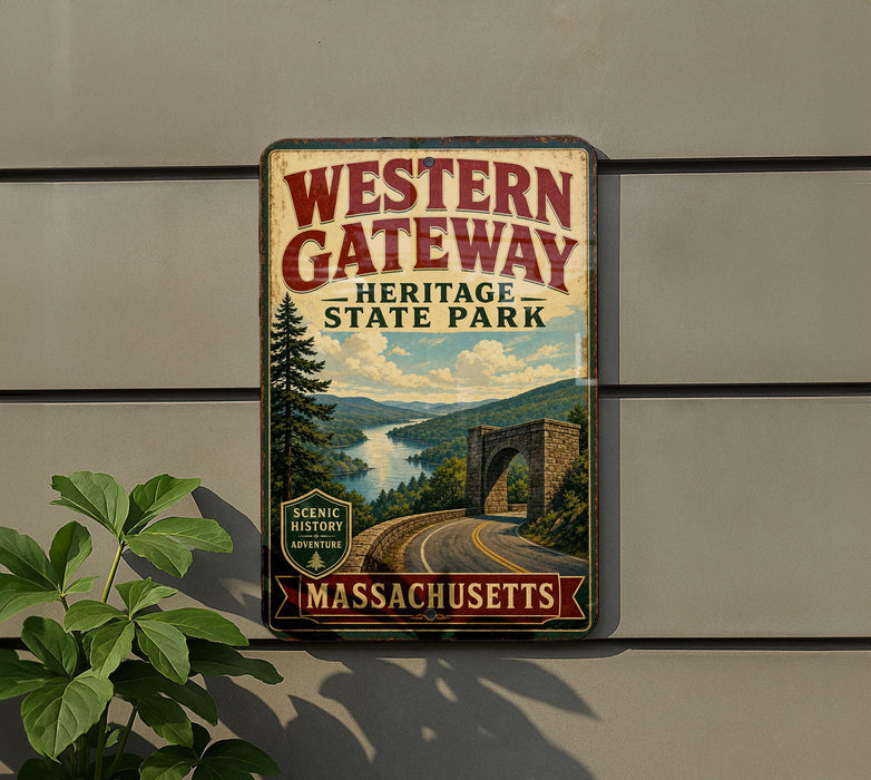 A vintage-style metal sign for Western Gateway Heritage State Park in Massachusetts, featuring a scenic landscape with a river and bridge.