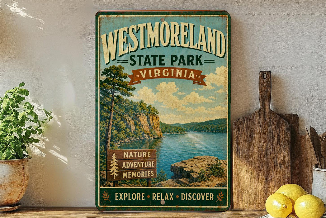 A vintage-style sign for Westmoreland State Park in Virginia, featuring a scenic landscape with a lake and mountains.