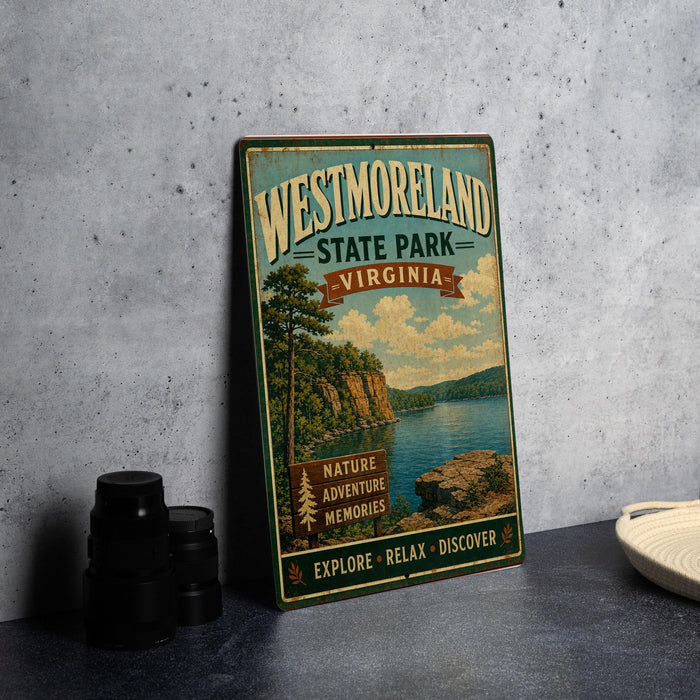 A vintage-style metal sign for Westmoreland State Park, Virginia, featuring a scenic landscape with a lake and mountains.