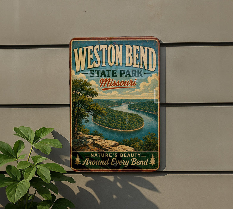A vintage-style metal sign for "WEST BEND STATE PARK, MISSOURI" is displayed on a wall, featuring a scenic landscape of a river and trees.