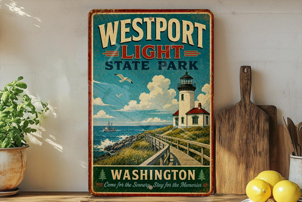 A vintage-style sign for Westport Light State Park in Washington, featuring a lighthouse and a wooden walkway leading to the park.