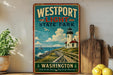 A vintage-style sign for Westport Light State Park in Washington, featuring a lighthouse and a wooden walkway leading to the park.