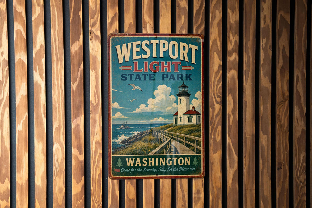 A vintage-style metal sign for Westport Light State Park in Washington, featuring a lighthouse and a scenic coastal landscape.
