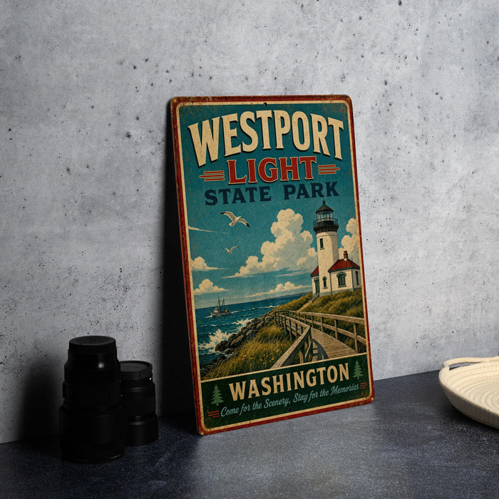 A vintage-style sign for Westport Light State Park, featuring a lighthouse and a scenic coastal landscape, is displayed on a gray countertop next to some black camera lenses.