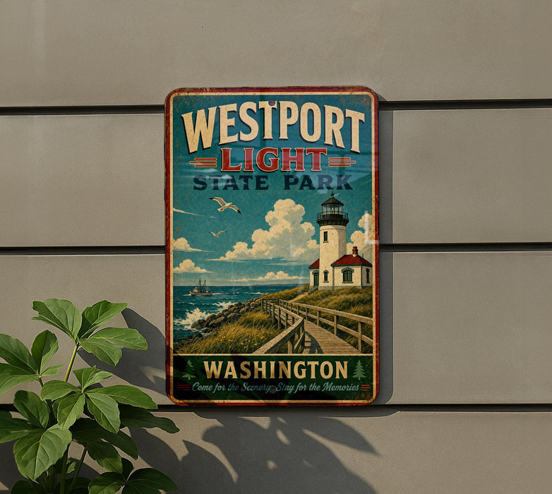 A vintage-style sign for Westport Light State Park in Washington, featuring a lighthouse and a scenic coastal landscape.