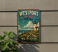 A vintage-style sign for Westport Light State Park in Washington, featuring a lighthouse and a scenic coastal landscape.