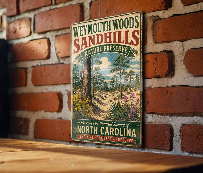 A vintage-style metal sign for Weymouth Woods Sandhills Nature Preserve, featuring a scenic illustration of a forest and flowers, mounted on a brick wall.