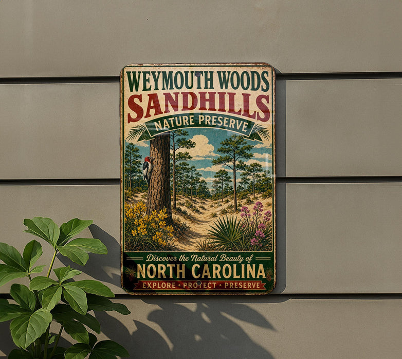 A vintage-style metal sign for Weymouth Woods Sandhills Nature Preserve, featuring a scenic illustration of a forest and a bird.