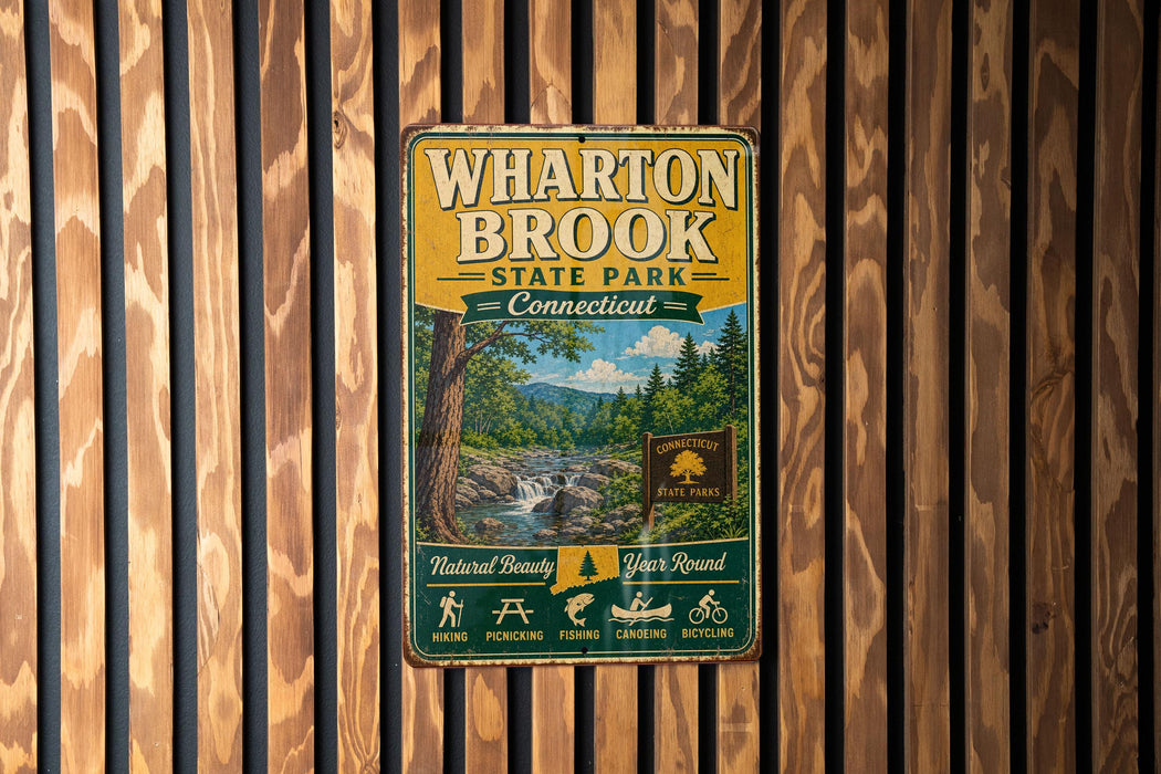 A vintage-style metal sign for Wharton Brook State Park in Connecticut, featuring a scenic image of the park and its surrounding natural beauty.