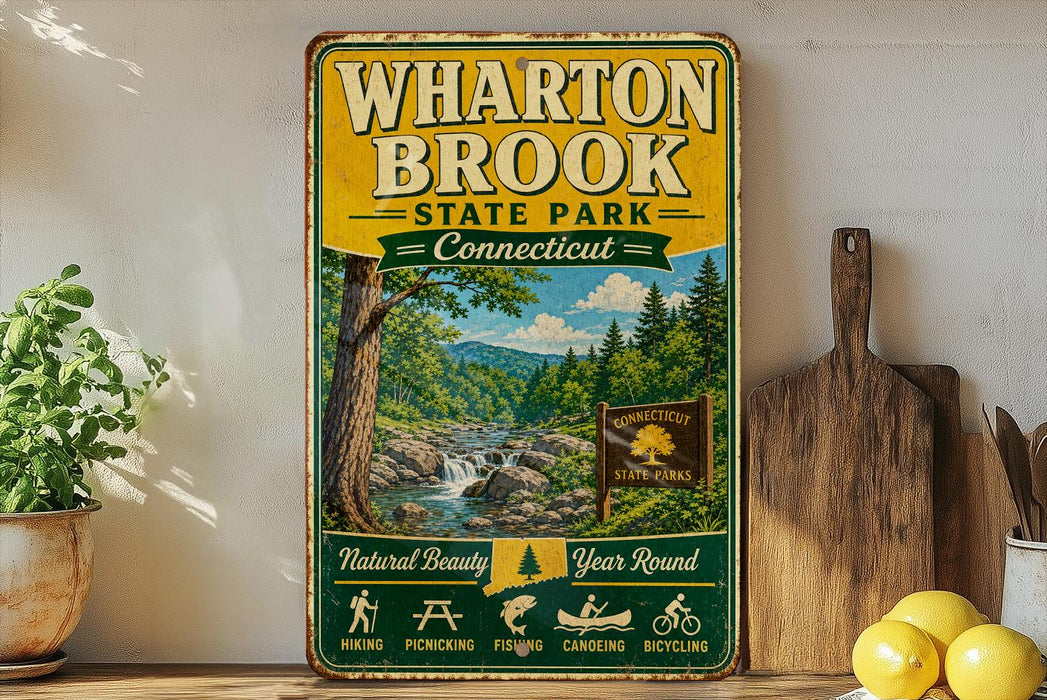 A vintage-style metal sign for Wharton Brook State Park in Connecticut, featuring a scenic image of the park and its surrounding natural beauty.