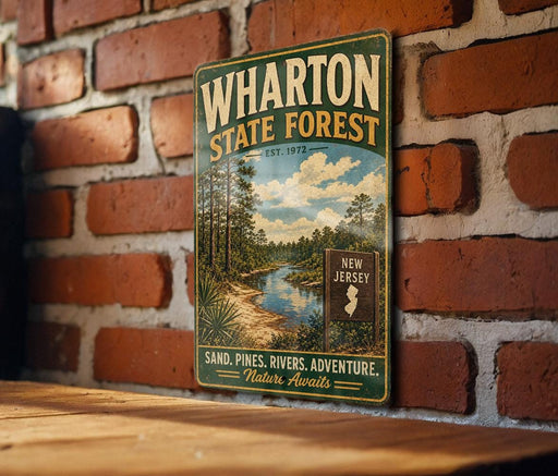 A vintage-style metal sign for Wharton State Forest, featuring a scenic landscape with a river and pine trees, mounted on a brick wall.