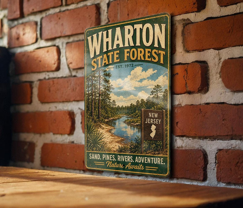 A vintage-style metal sign for Wharton State Forest, featuring a scenic landscape with a river and pine trees, mounted on a brick wall.