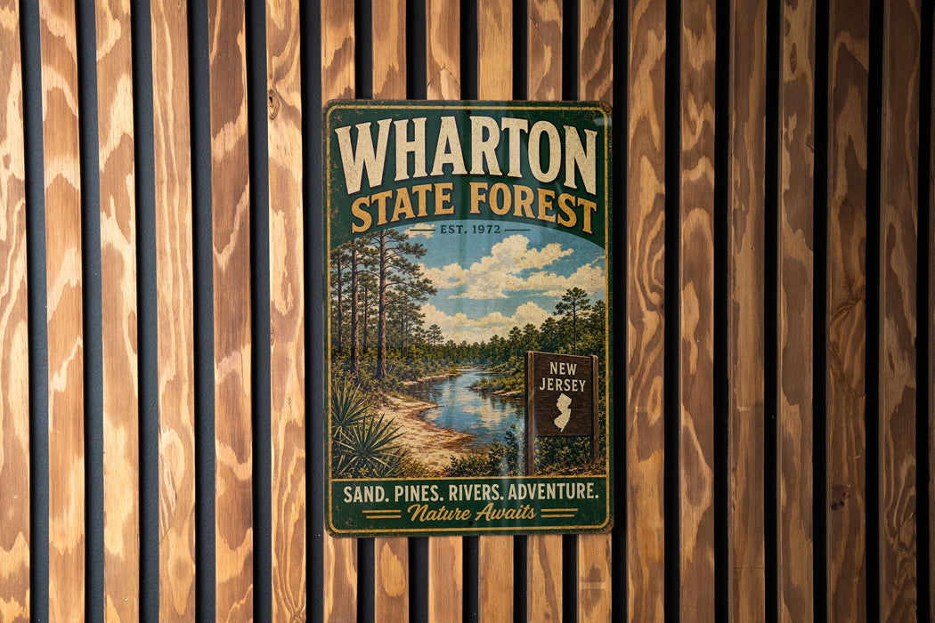 A vintage-style metal sign for Wharton State Forest, featuring a scenic image of a river surrounded by pine trees and a sign indicating the location.