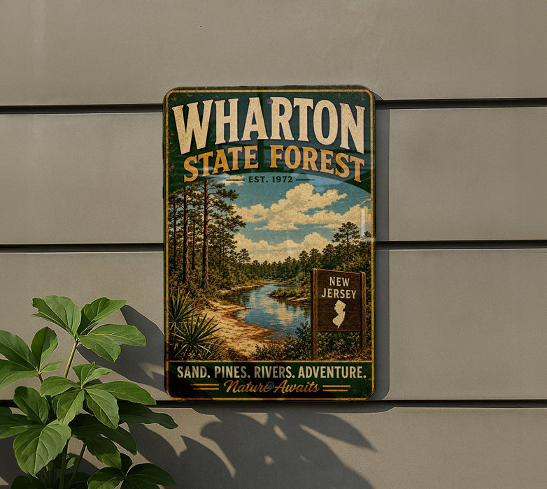 A vintage-style metal sign for Wharton State Forest, featuring a scenic landscape with a river and pine trees, mounted on a wall.