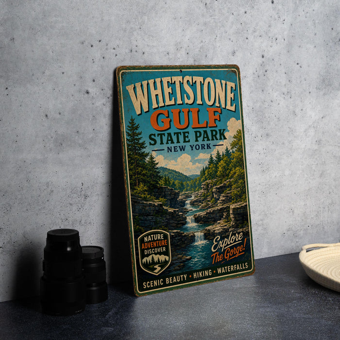 A vintage-style metal sign for WHETSTONE GULF STATE PARK, New York, featuring a scenic image of a waterfall surrounded by trees.