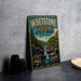 A vintage-style metal sign for WHETSTONE GULF STATE PARK, New York, featuring a scenic image of a waterfall surrounded by trees.