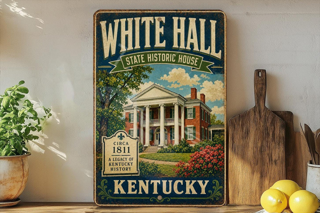 A vintage-style sign for the White Hall State Historic House in Kentucky, featuring a large illustration of the historic building surrounded by trees and flowers.