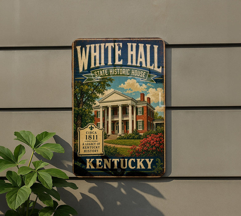 A vintage-style sign for the White Hall State Historic House in Kentucky, featuring a large illustration of the historic building surrounded by trees and flowers.