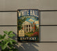A vintage-style sign for the White Hall State Historic House in Kentucky, featuring a large illustration of the historic building surrounded by trees and flowers.