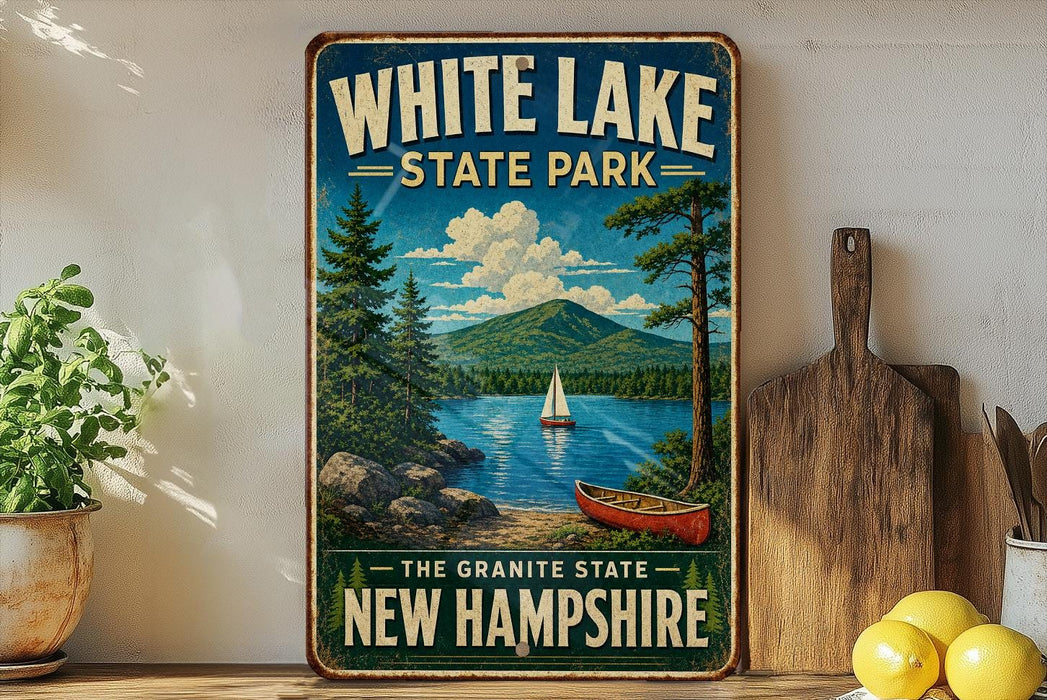 A vintage-style sign for White Lake State Park in New Hampshire, featuring a scenic landscape with a lake, mountains, pine trees, and a sailboat.